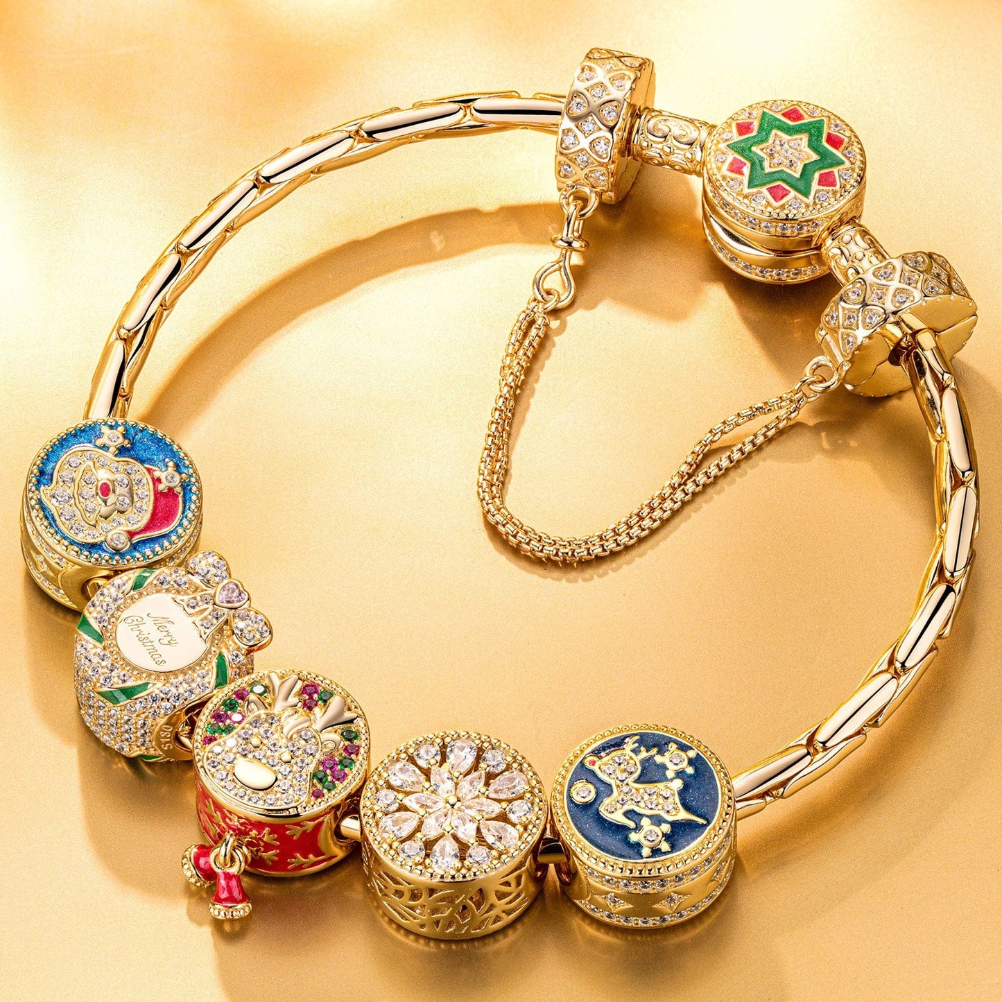 Sterling Silver Colorful Christmas Charms Bracelet Set With Enamel In 14K Gold Plated (Includes bracelet and all charms shown)