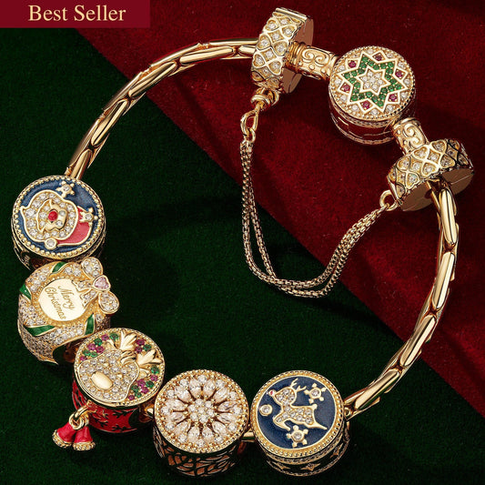 gona- Sterling Silver Colorful Christmas Charms Bracelet Set With Enamel In 14K Gold Plated (Includes bracelet and all charms shown)