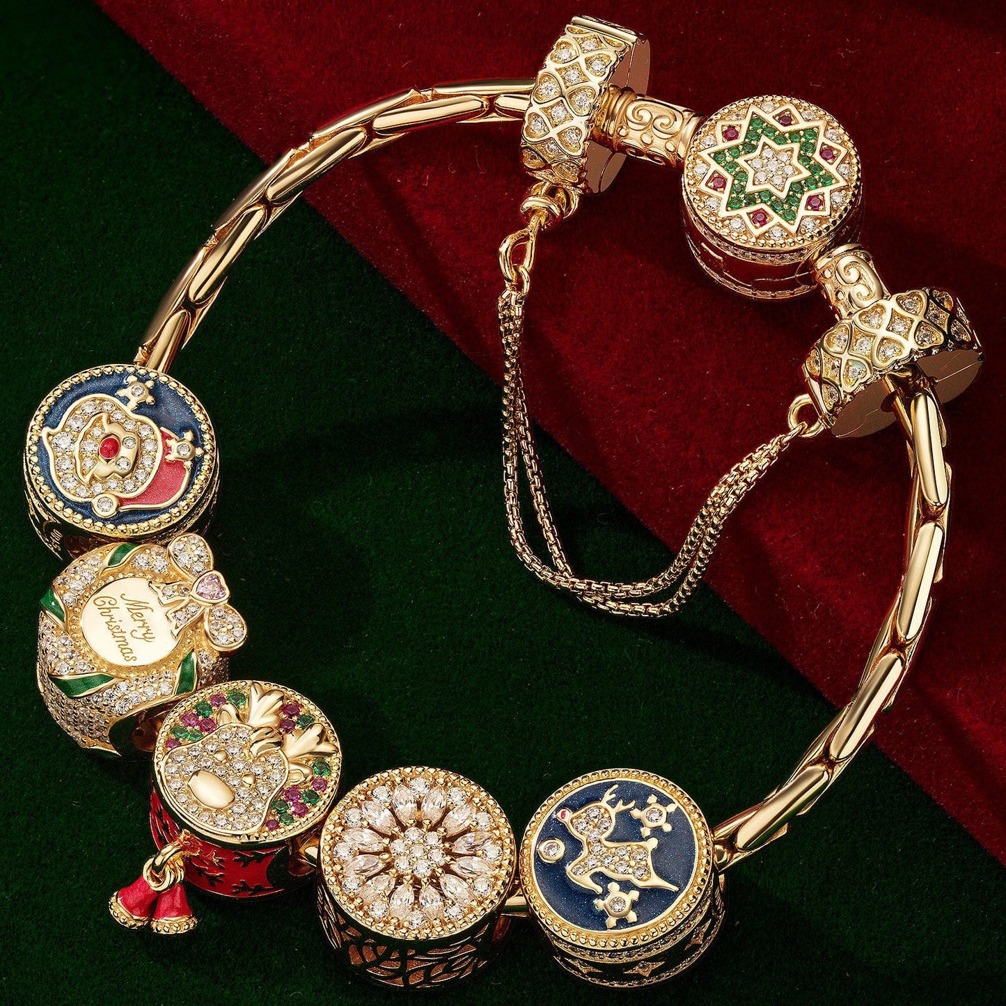 Sterling Silver Colorful Christmas Charms Bracelet Set With Enamel In 14K Gold Plated (Includes bracelet and all charms shown)