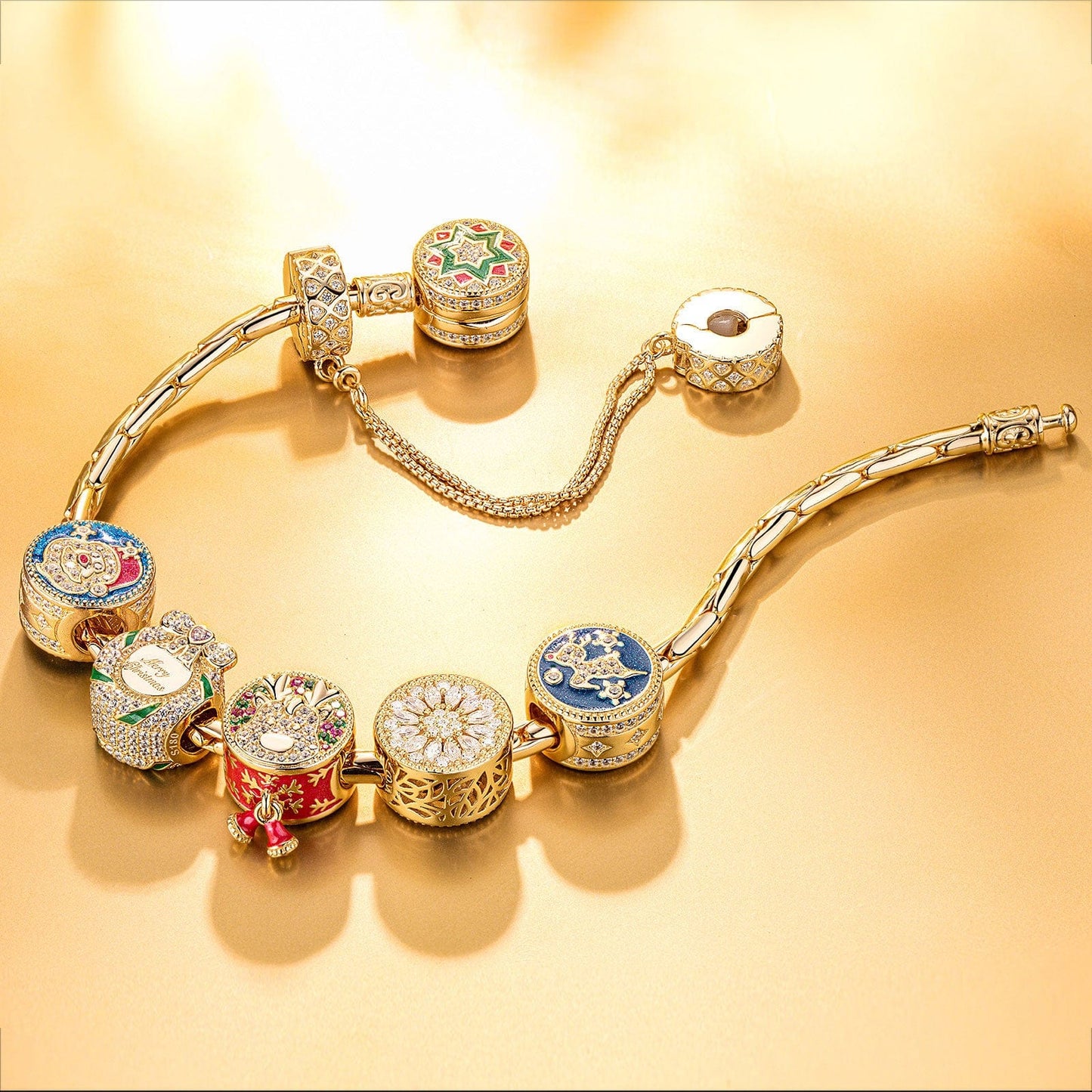 Sterling Silver Colorful Christmas Charms Bracelet Set With Enamel In 14K Gold Plated (Includes bracelet and all charms shown)