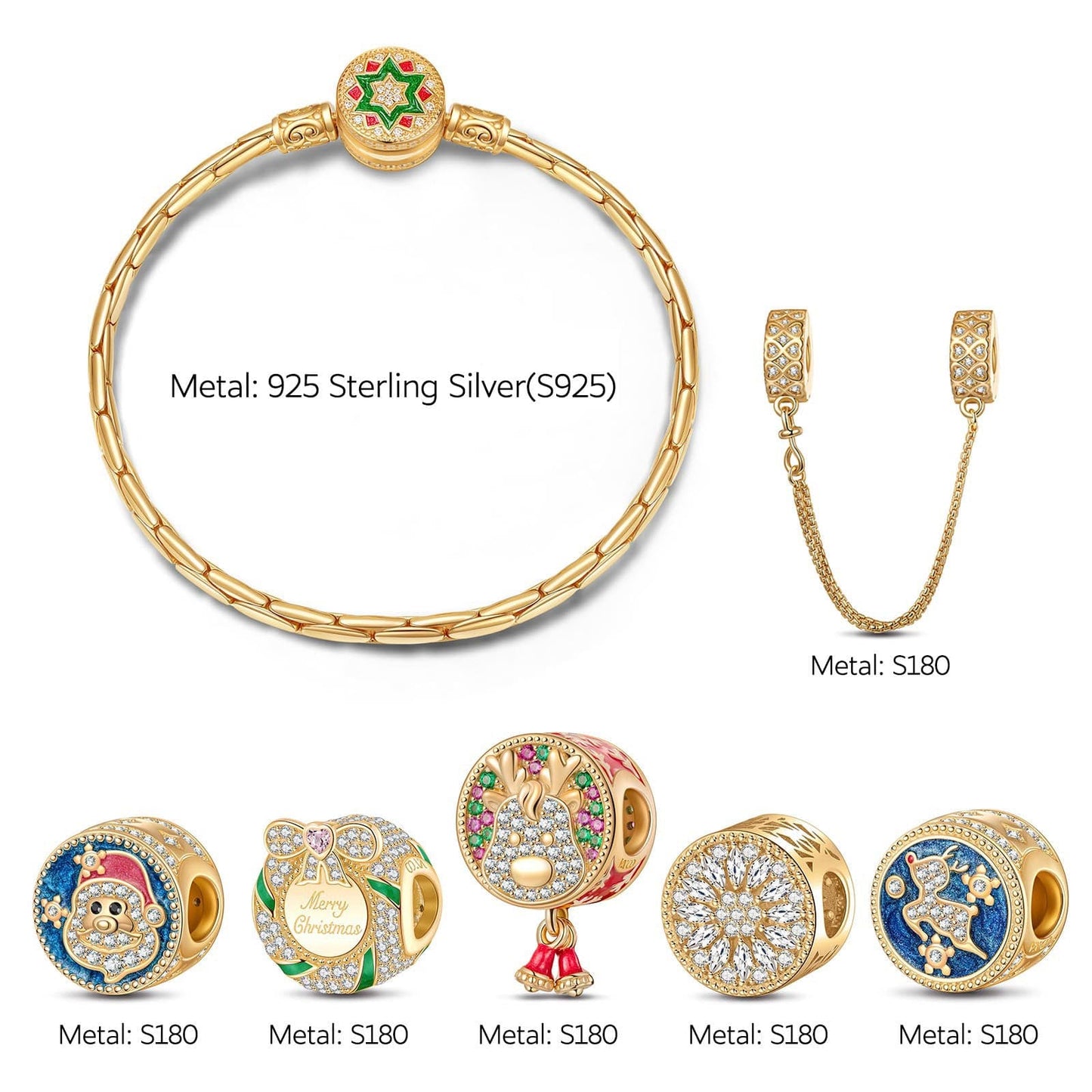 Sterling Silver Colorful Christmas Charms Bracelet Set With Enamel In 14K Gold Plated (Includes bracelet and all charms shown)