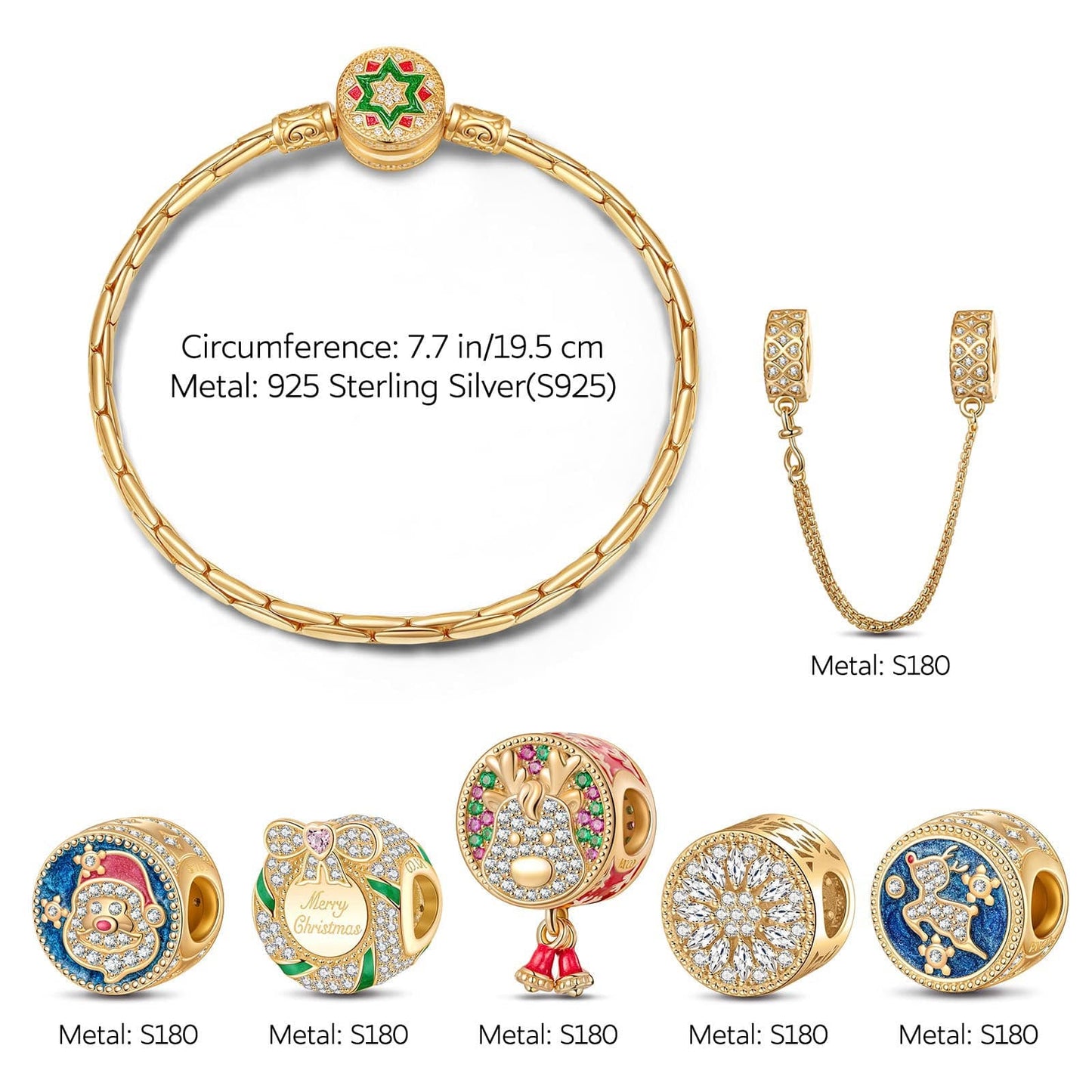 Sterling Silver Colorful Christmas Charms Bracelet Set With Enamel In 14K Gold Plated (Includes bracelet and all charms shown)