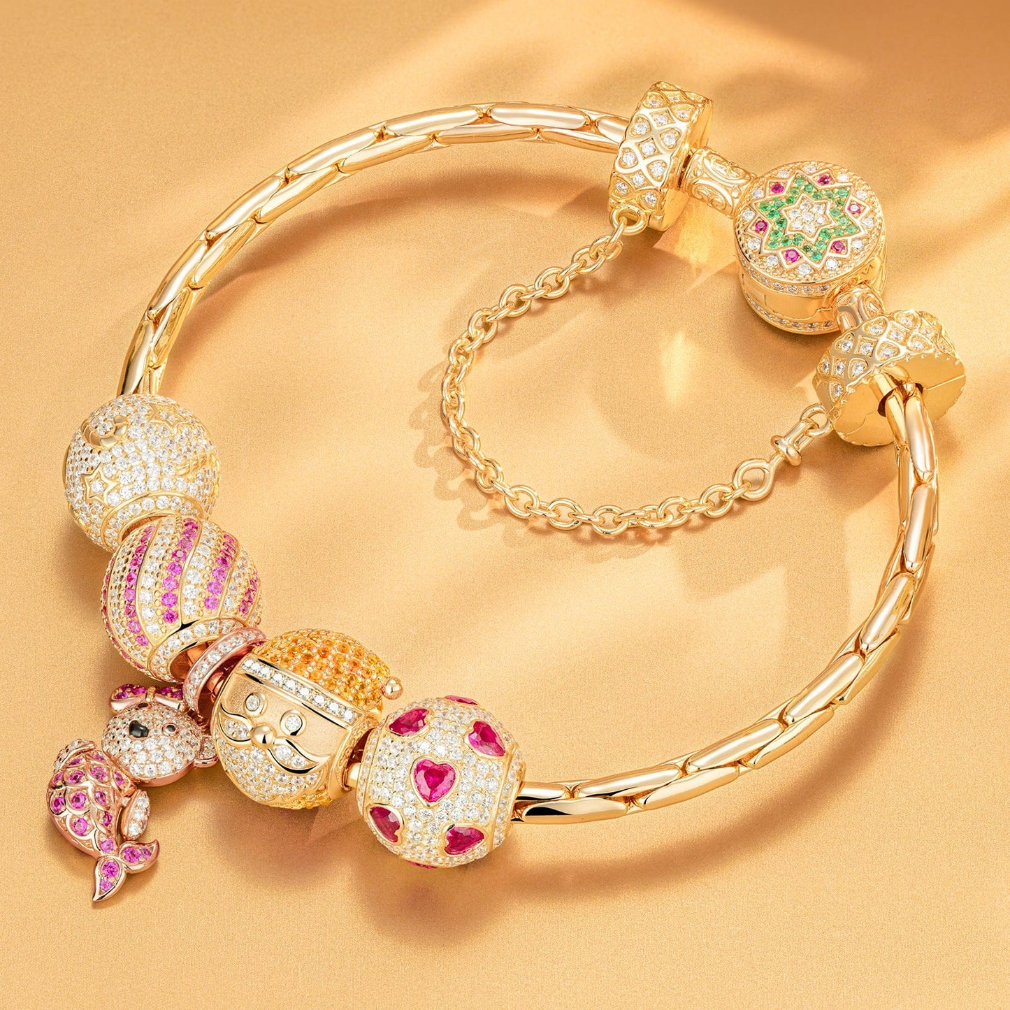 Sterling Silver Colourful Christmas Charms Bracelet Set In 14K Gold Plated (Includes bracelet and all charms shown)