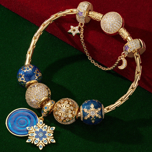 gona- Sterling Silver Blue Ice Crystal Love Charms Bracelet Set With Enamel In 14K Gold Plated (Includes bracelet and all charms shown)