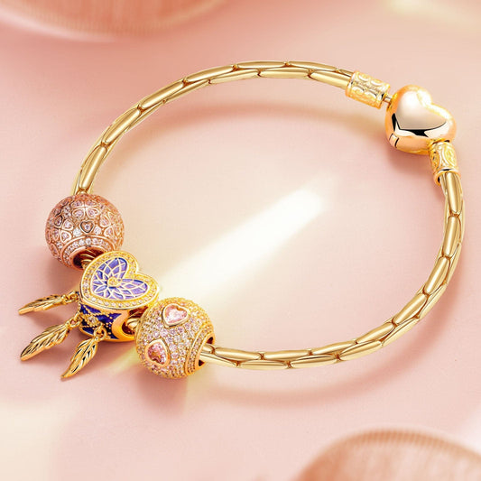 gona- Sterling Silver Romantic Love Charms Bracelet Set With Enamel In 14K Gold Plated (Includes bracelet and all charms shown)
