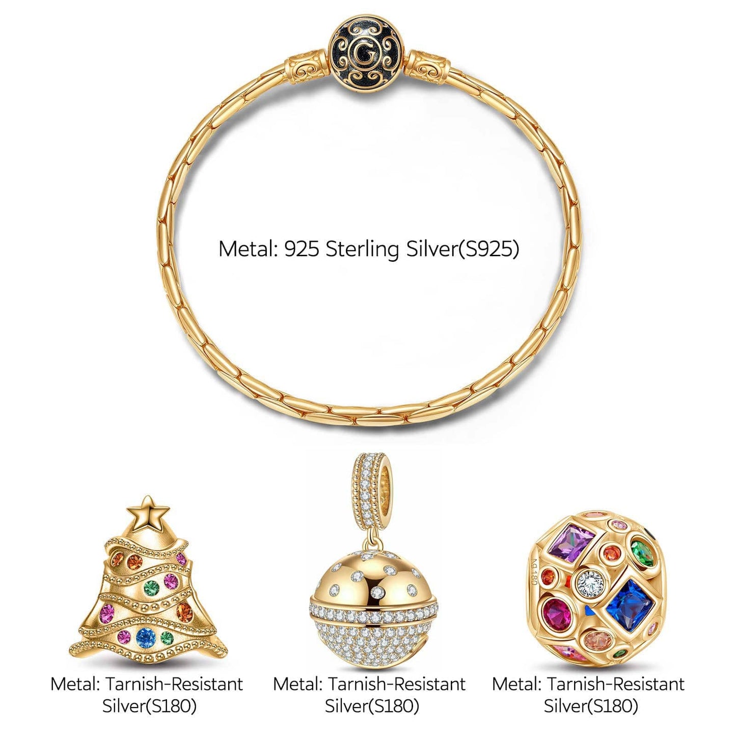 Sterling Silver Colorful and lively Christmas Charms Bracelet Set In 14K Gold Plated (Includes bracelet and all charms shown)