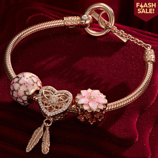 gona- Pink Lovers Tarnish-resistant Silver Charms Bracelet Set With Enamel In Rose Gold Plated (Includes bracelet and all charms shown)