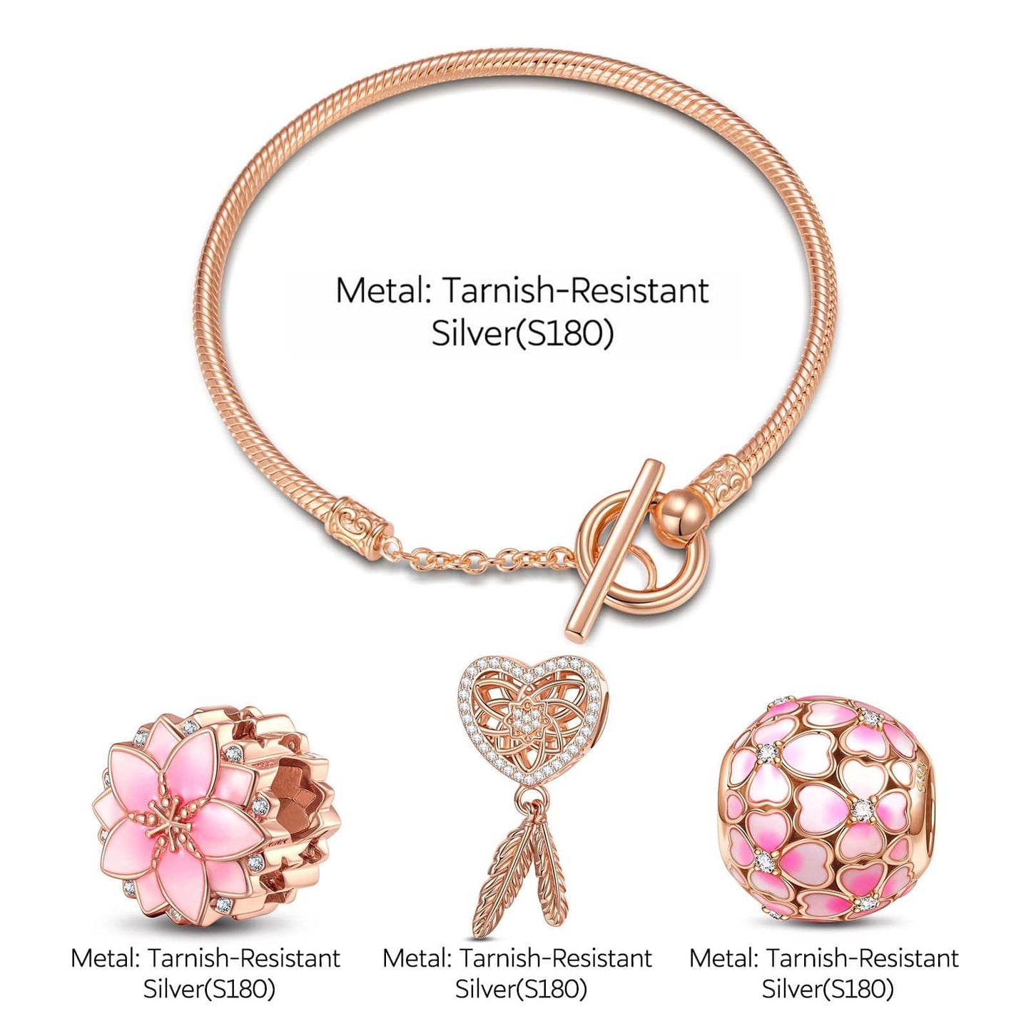 Pink Lovers Tarnish-resistant Silver Charms Bracelet Set With Enamel In Rose Gold Plated (Includes bracelet and all charms shown)
