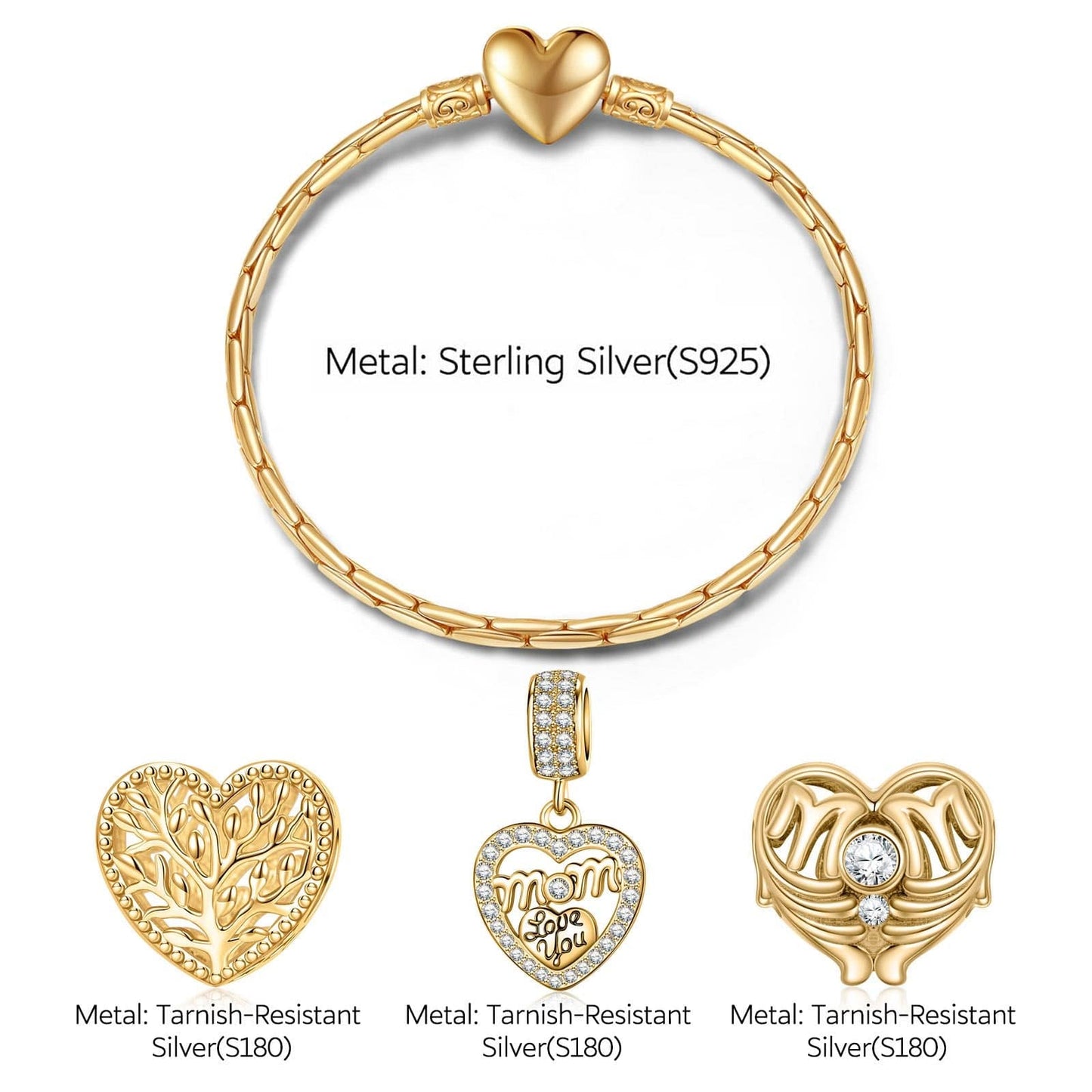 Love My Family Tarnish-resistant Silver Charms Bracelet Set In 14K Gold Plated (Includes bracelet and all charms shown)