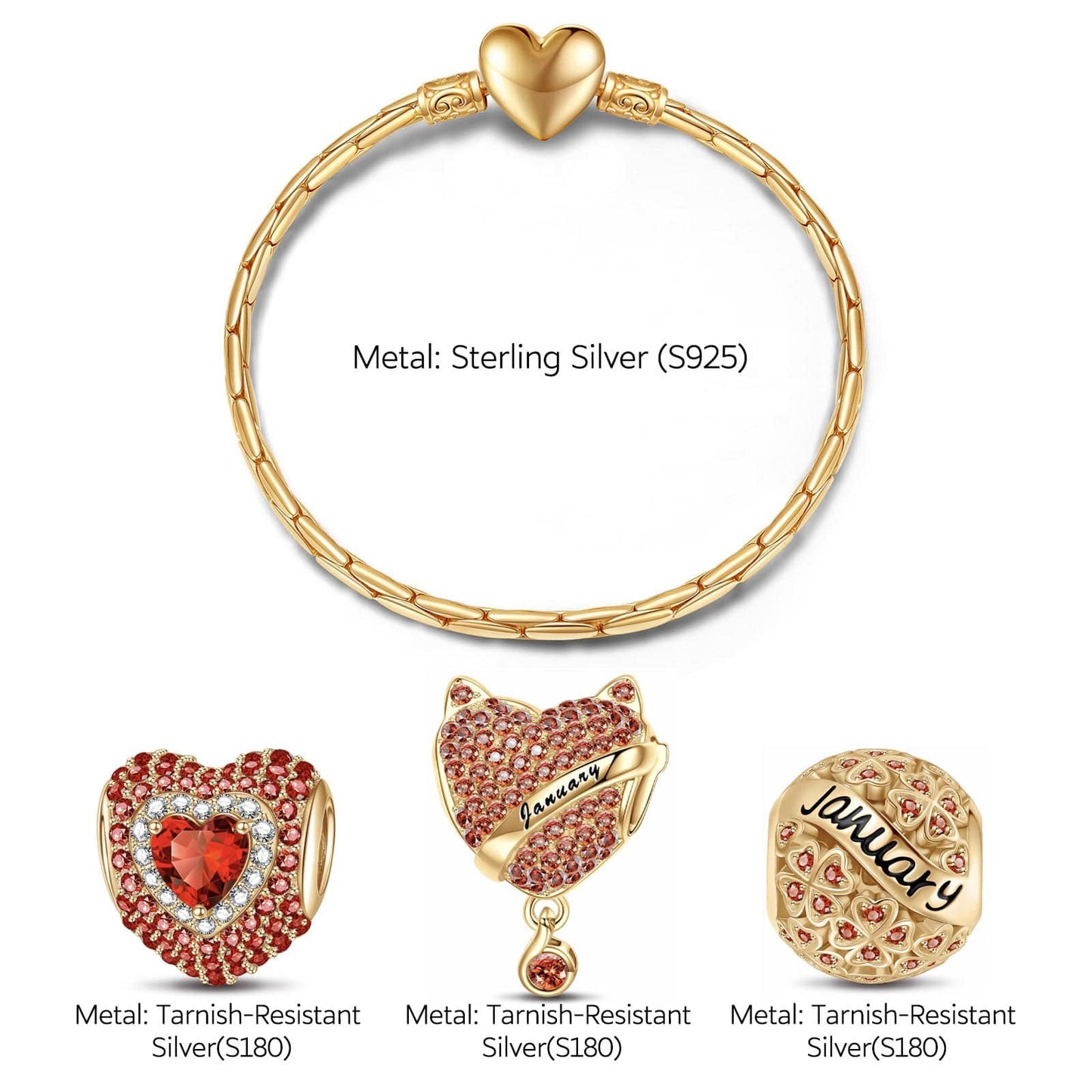 Sterling Silver January Birthday Stone Charms Bracelet Set In 14K Gold Plated (Includes bracelet and all charms shown)