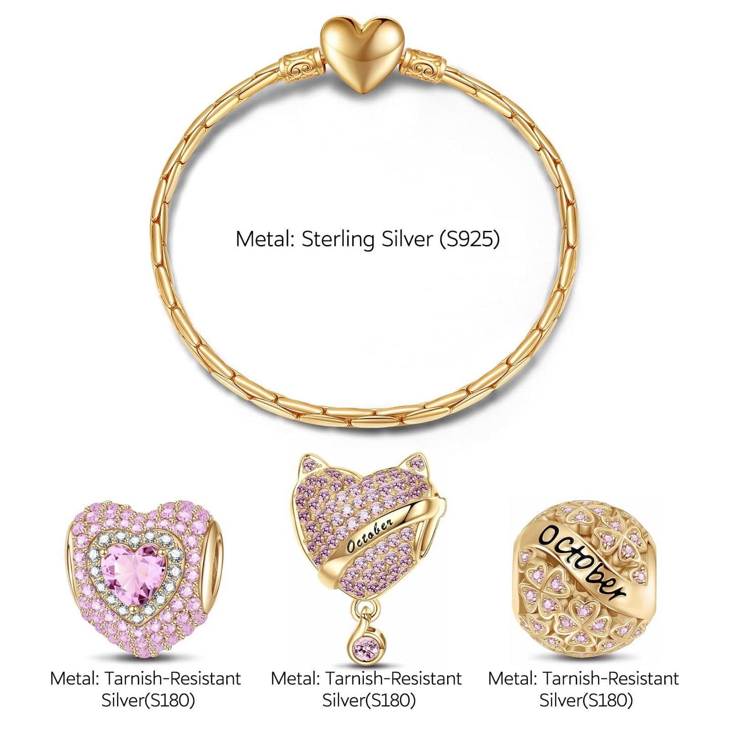 Sterling Silver October Birthday Stone Charms Bracelet Set In 14K Gold Plated (Includes bracelet and all charms shown)