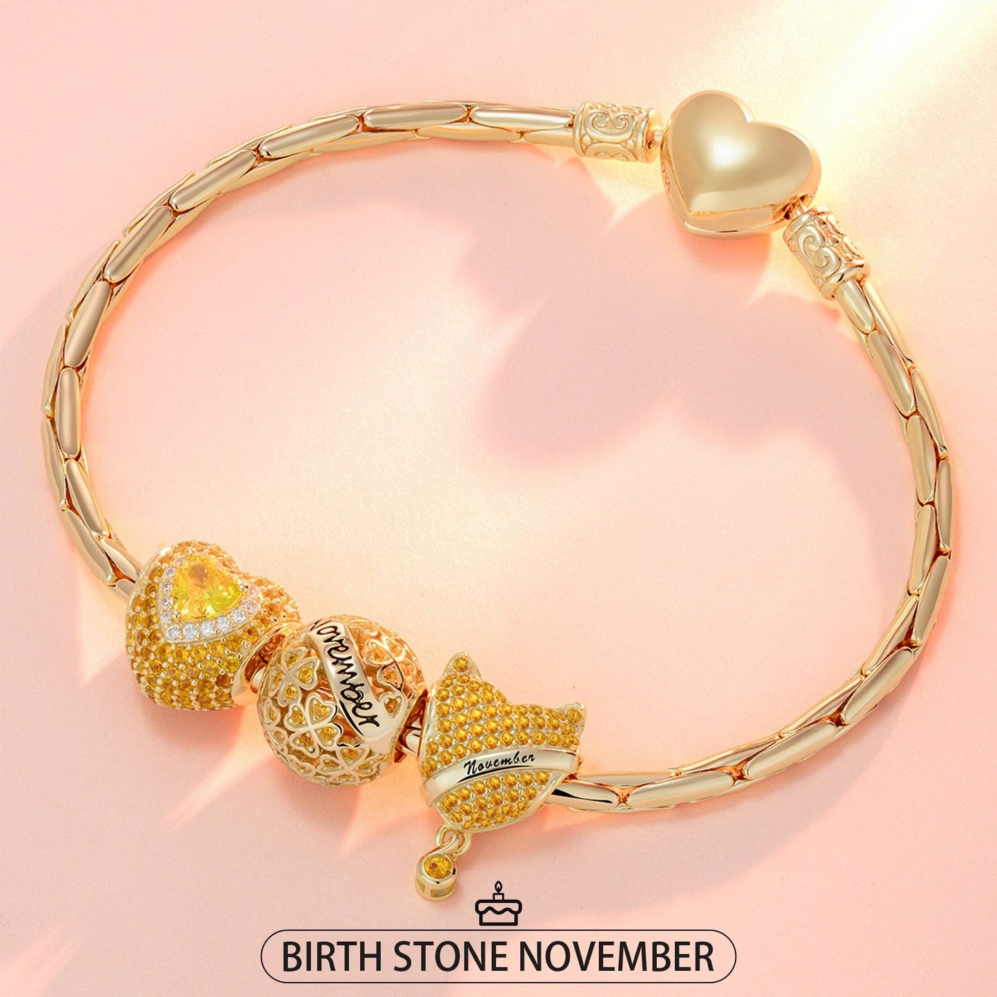Sterling Silver November Birthday Stone Charms Bracelet Set In 14K Gold Plated (Includes bracelet and all charms shown)