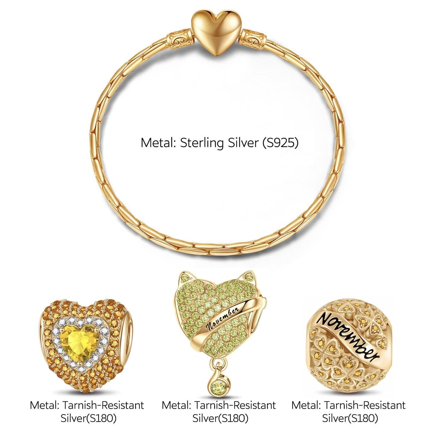 Sterling Silver November Birthday Stone Charms Bracelet Set In 14K Gold Plated (Includes bracelet and all charms shown)