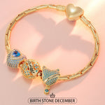 Sterling Silver December Birthday Stone Charms Bracelet Set In 14K Gold Plated (Includes bracelet and all charms shown)