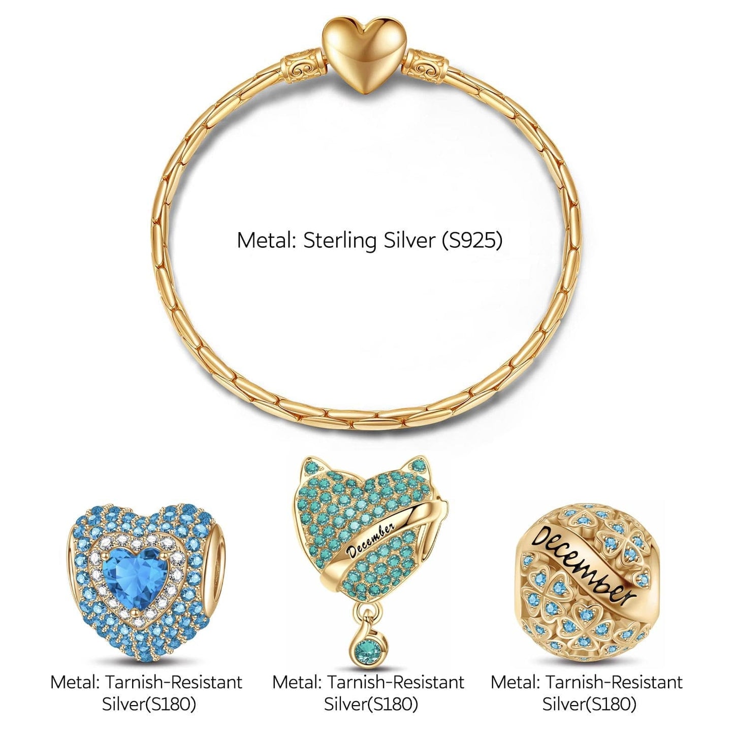 Sterling Silver December Birthday Stone Charms Bracelet Set In 14K Gold Plated (Includes bracelet and all charms shown)