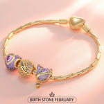 Sterling Silver February Birthday Stone Charms Bracelet Set In 14K Gold Plated (Includes bracelet and all charms shown)
