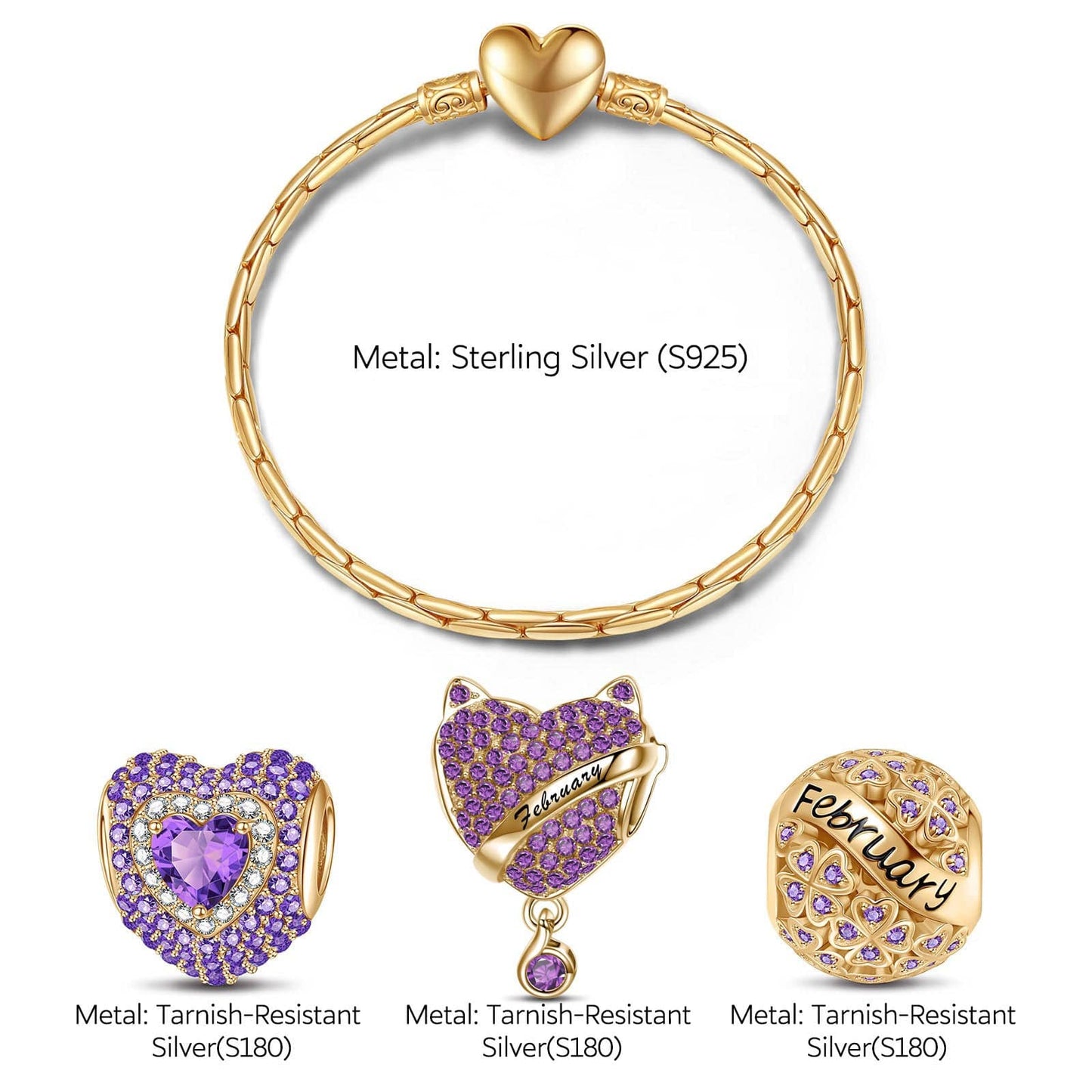 Sterling Silver February Birthday Stone Charms Bracelet Set In 14K Gold Plated (Includes bracelet and all charms shown)