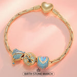 Sterling Silver March Birthday Stone Charms Bracelet Set In 14K Gold Plated (Includes bracelet and all charms shown)