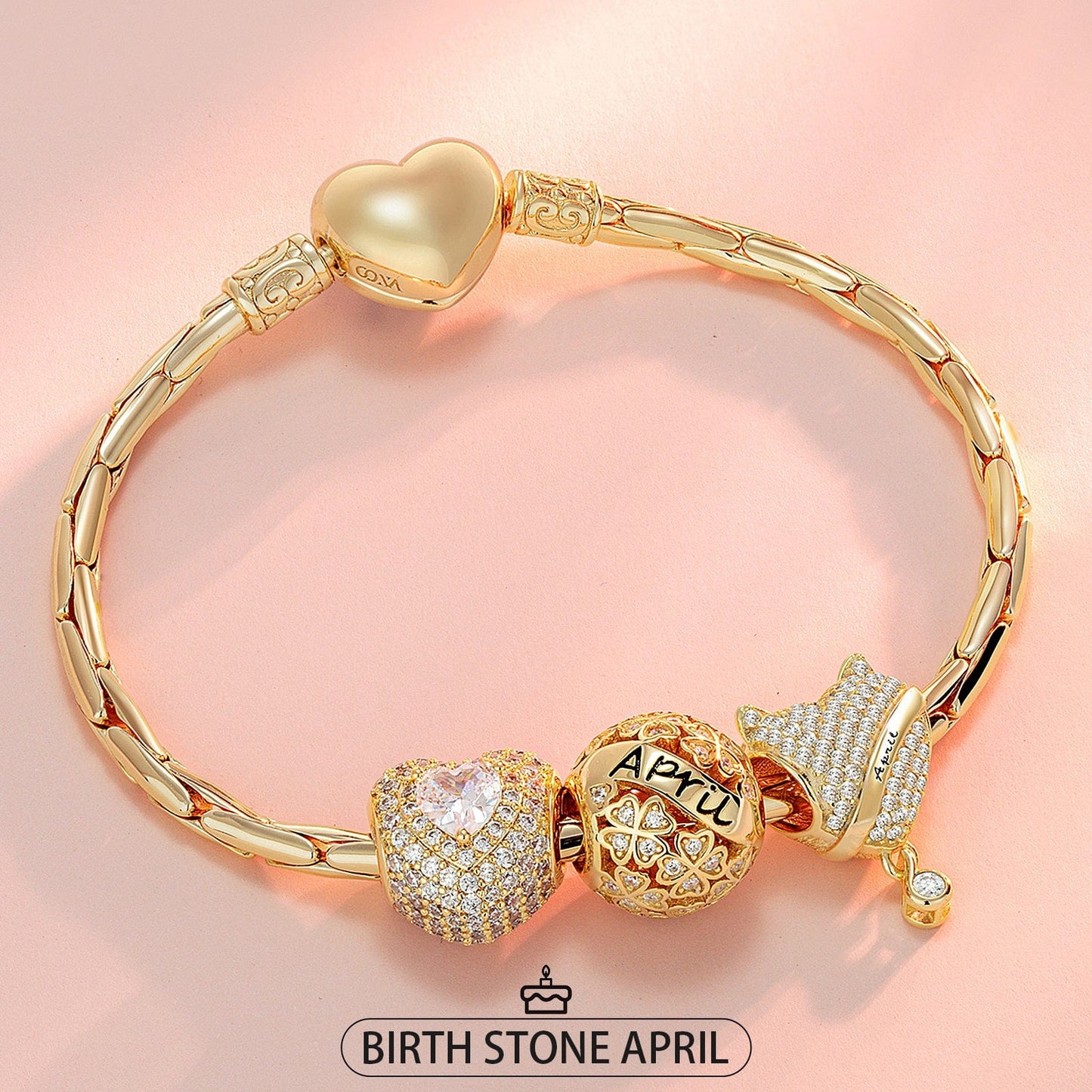 Sterling Silver April Birthday Stone Charms Bracelet Set In 14K Gold Plated (Includes bracelet and all charms shown)