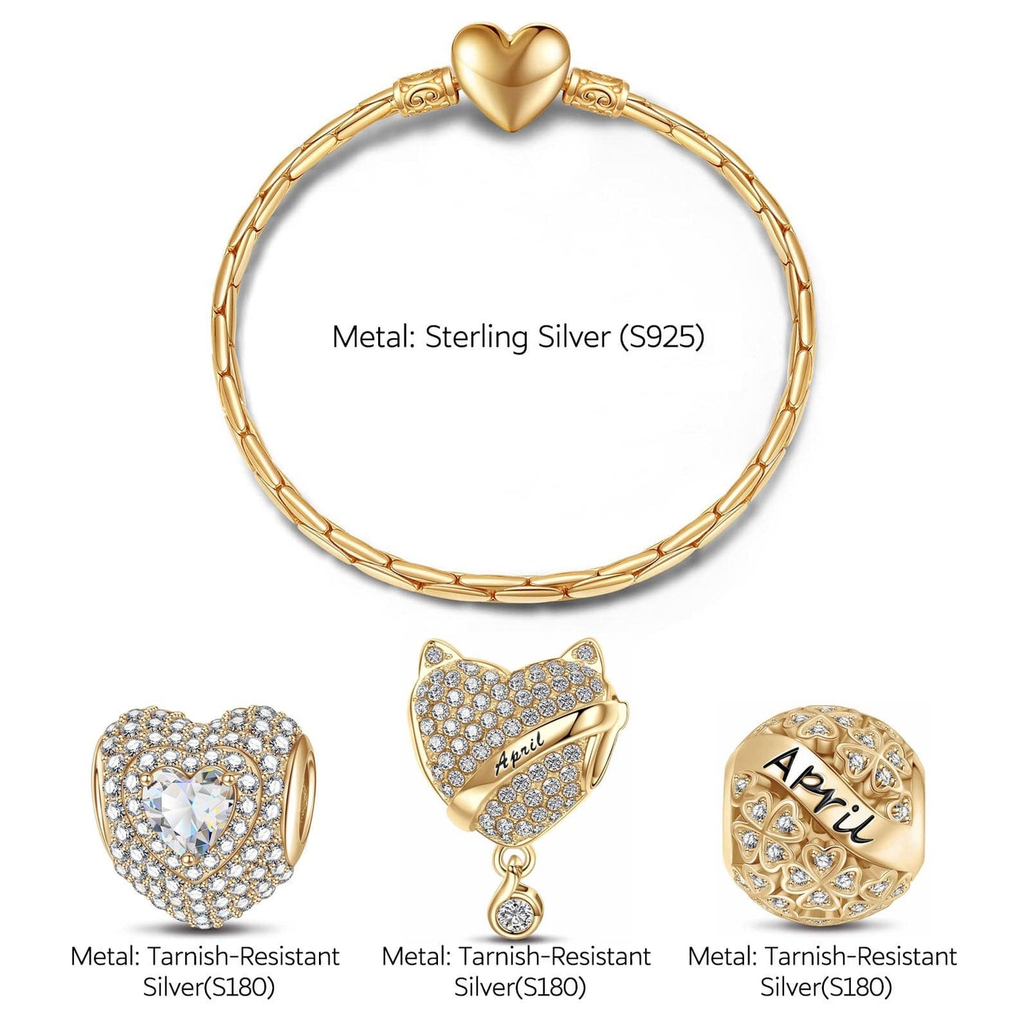 Sterling Silver April Birthday Stone Charms Bracelet Set In 14K Gold Plated (Includes bracelet and all charms shown)