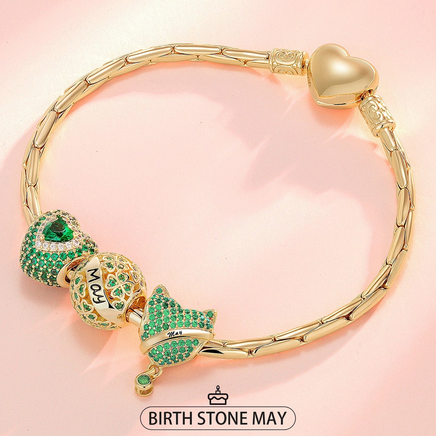 Sterling Silver May Birthday Stone Charms Bracelet Set In 14K Gold Plated (Includes bracelet and all charms shown)
