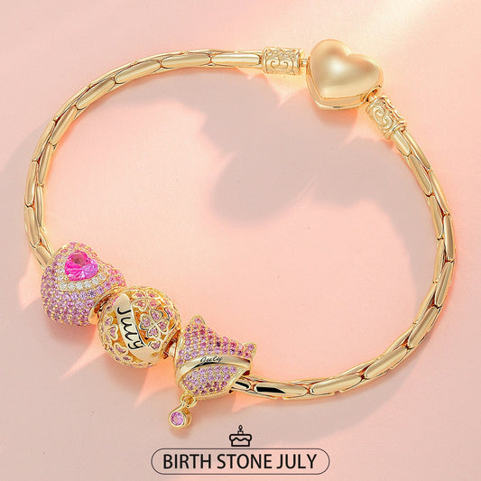 gona- Sterling Silver July Birthday Stone Charms Bracelet Set In 14K Gold Plated (Includes bracelet and all charms shown)