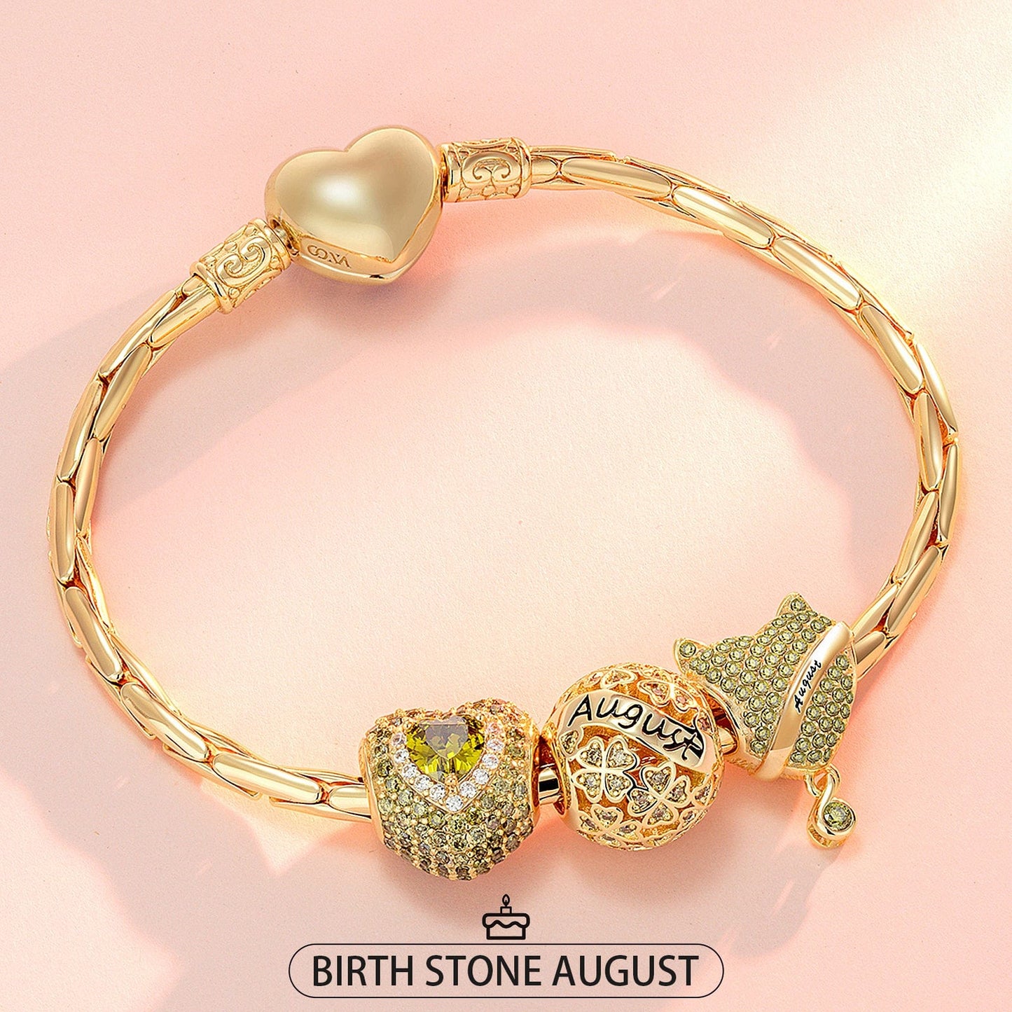 Sterling Silver August Birthday Stone Charms Bracelet Set In 14K Gold Plated (Includes bracelet and all charms shown)