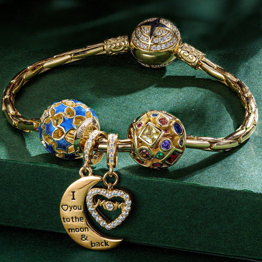gona- Sterling Silver Moon And Star Charms Bracelet Set With Enamel In 14K Gold Plated (Includes bracelet and all charms shown)