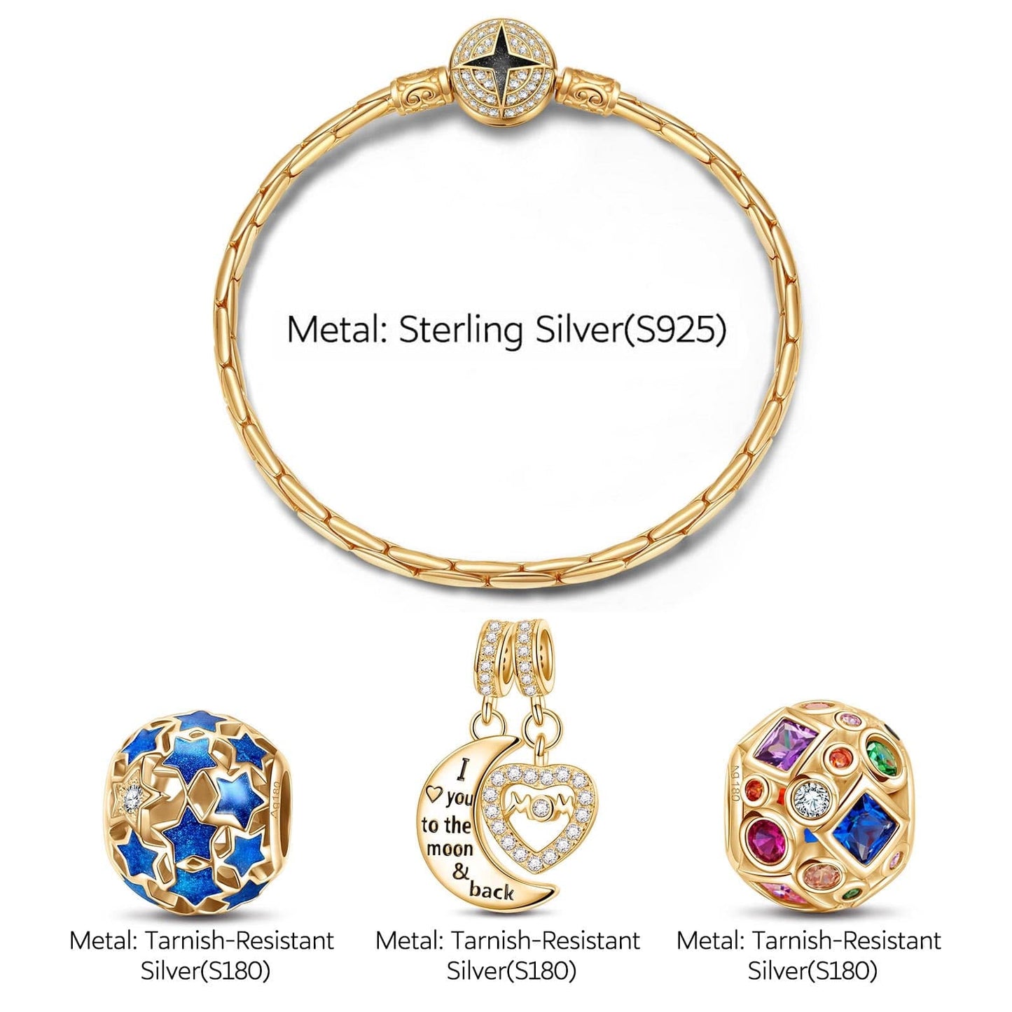 Sterling Silver Moon And Star Charms Bracelet Set With Enamel In 14K Gold Plated (Includes bracelet and all charms shown)
