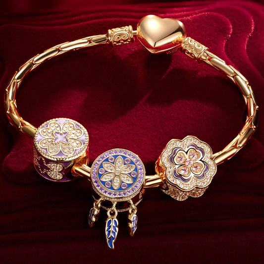 gona- Sterling Silver Amethyst Dreams Charms Bracelet Set With Enamel In 14K Gold Plated (Includes bracelet and all charms shown)