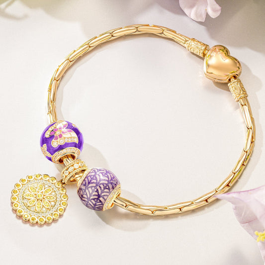 gona- Sterling Silver Purple Story Charms Bracelet Set With Enamel In 14K Gold Plated (Includes bracelet and all charms shown)