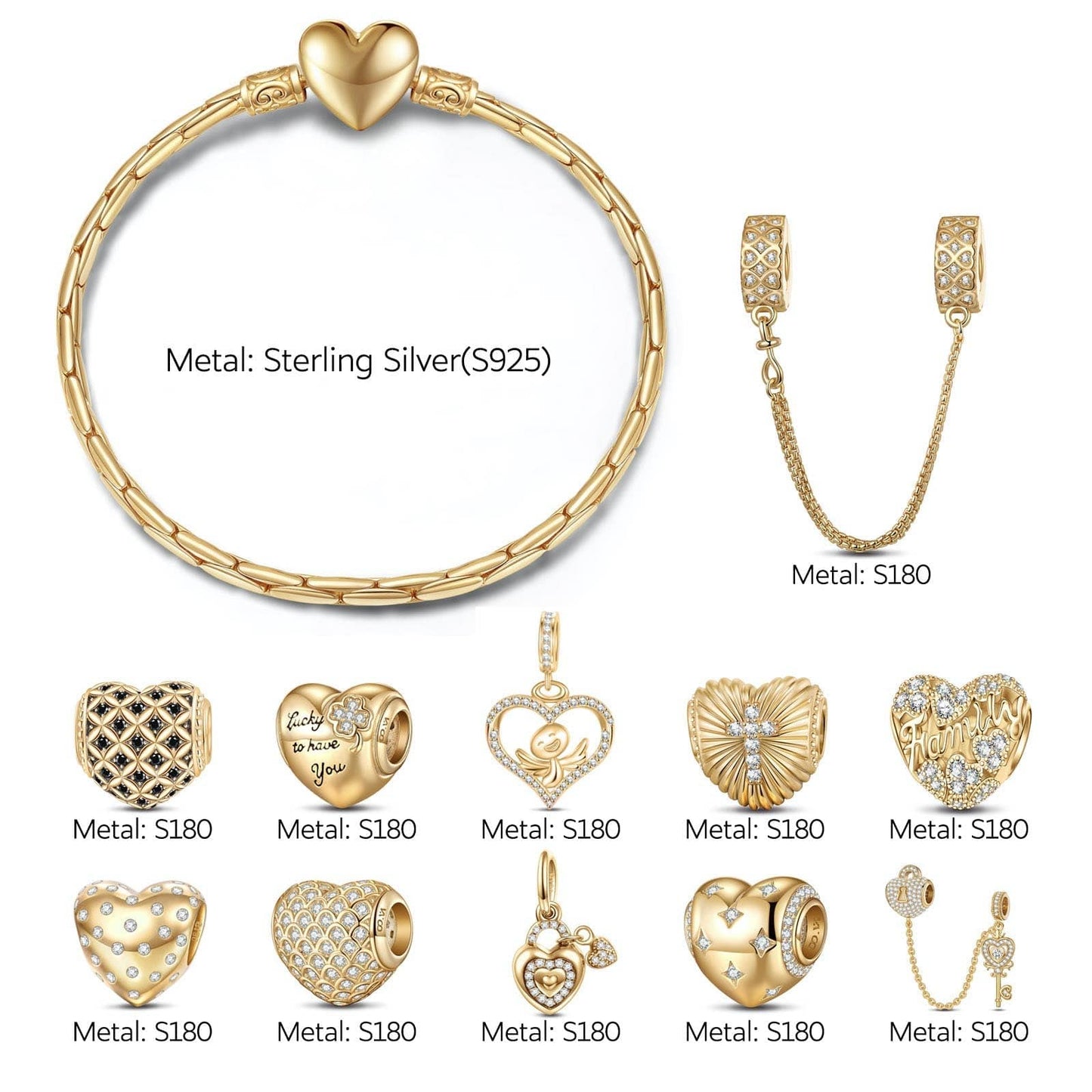 Sterling Silver Golden Heart Charms Bracelet Set In 14K Gold Plated (Includes bracelet and all charms shown)