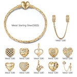 Sterling Silver Golden Heart Charms Bracelet Set In 14K Gold Plated (Includes bracelet and all charms shown)
