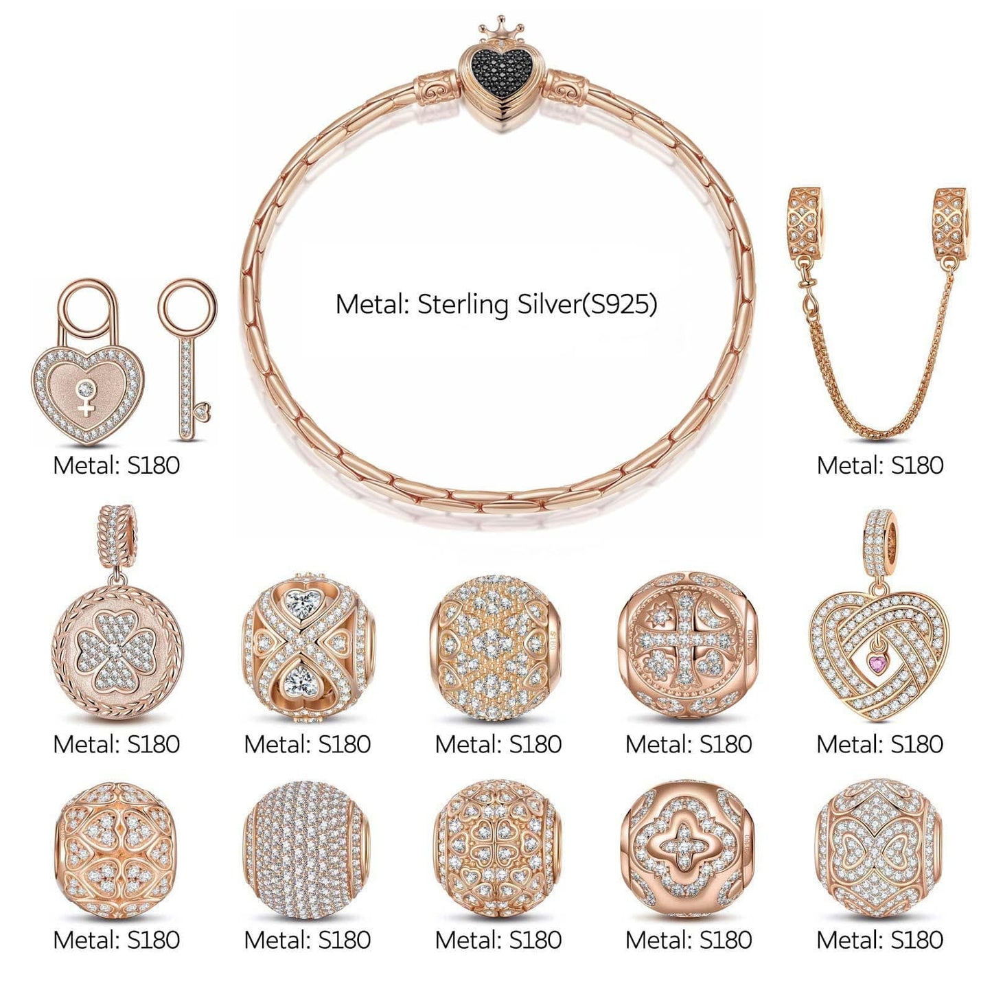 Sterling Silver My Heart, My Love Bamboo Chain Charms Bracelet Set With Enamel In Rose Gold Plated (Includes bracelet and all charms shown)