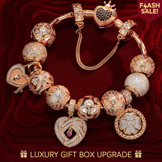 gona- Sterling Silver My Heart, My Love Bamboo Chain Charms Bracelet Set With Enamel In Rose Gold Plated (Includes bracelet and all charms shown)