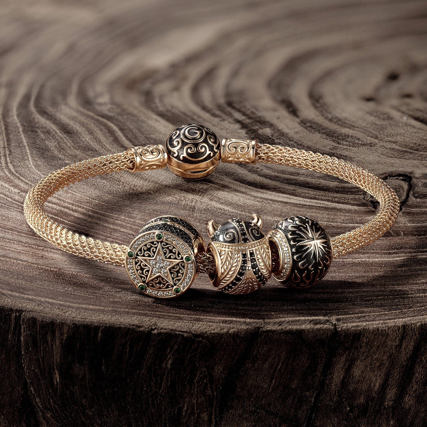 Sterling Silver XL Size Viking Pirates Charms Bracelet Set With Enamel In 14K Gold Plated For Men (Includes bracelet and all charms shown)