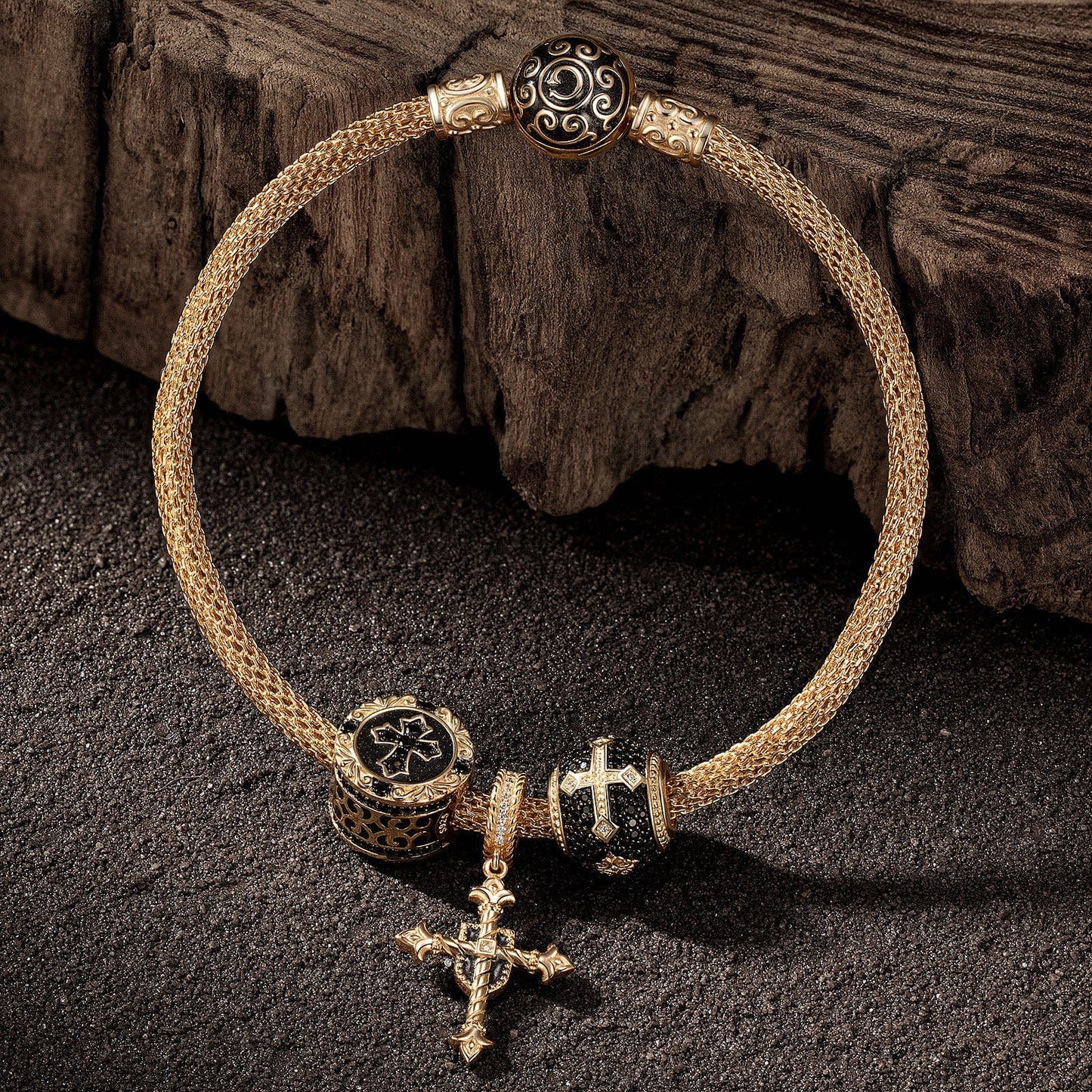 Sterling Silver XL Size Imperial Faith Charms Bracelet Set With Enamel In 14K Gold Plated For Men (Includes bracelet and all charms shown)