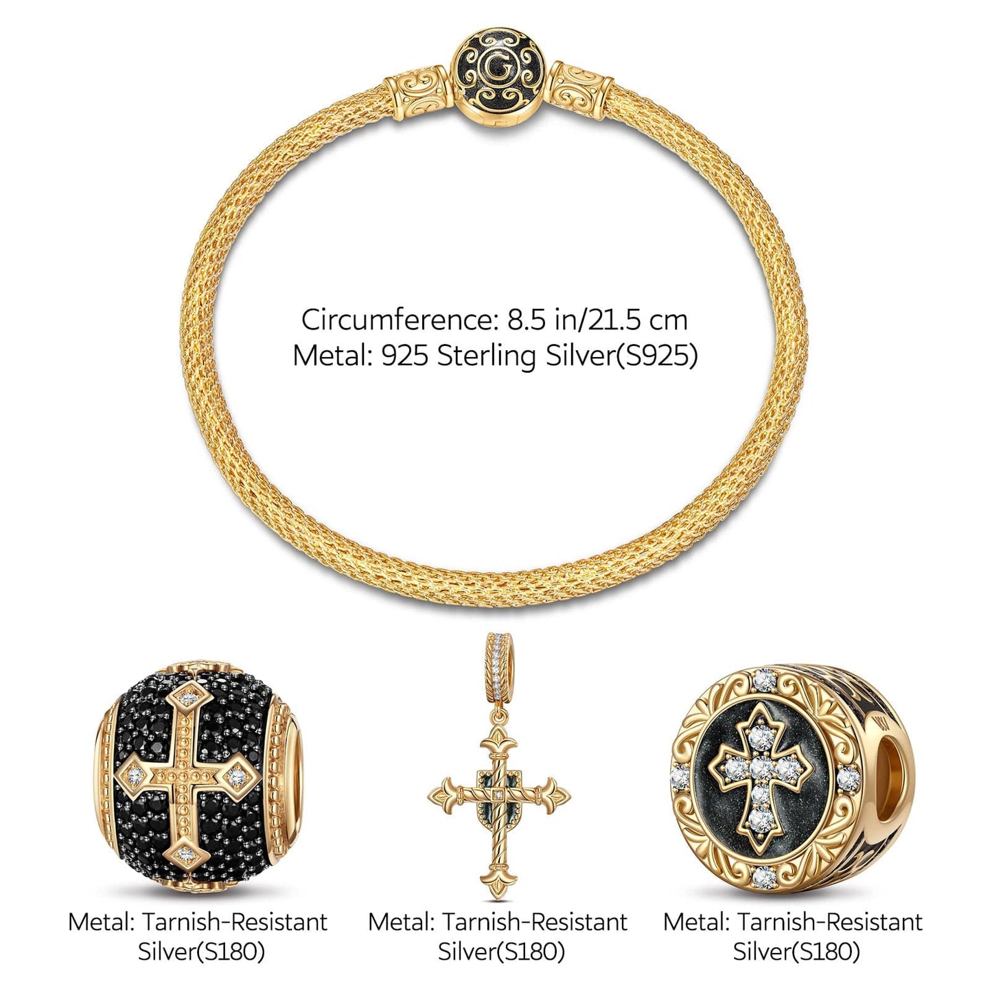 Sterling Silver XL Size Imperial Faith Charms Bracelet Set With Enamel In 14K Gold Plated For Men (Includes bracelet and all charms shown)