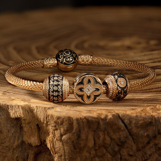 gona- Sterling Silver XL Size Divine Glory Charms Bracelet Set With Enamel In 14K Gold Plated For Men (Includes bracelet and all charms shown)