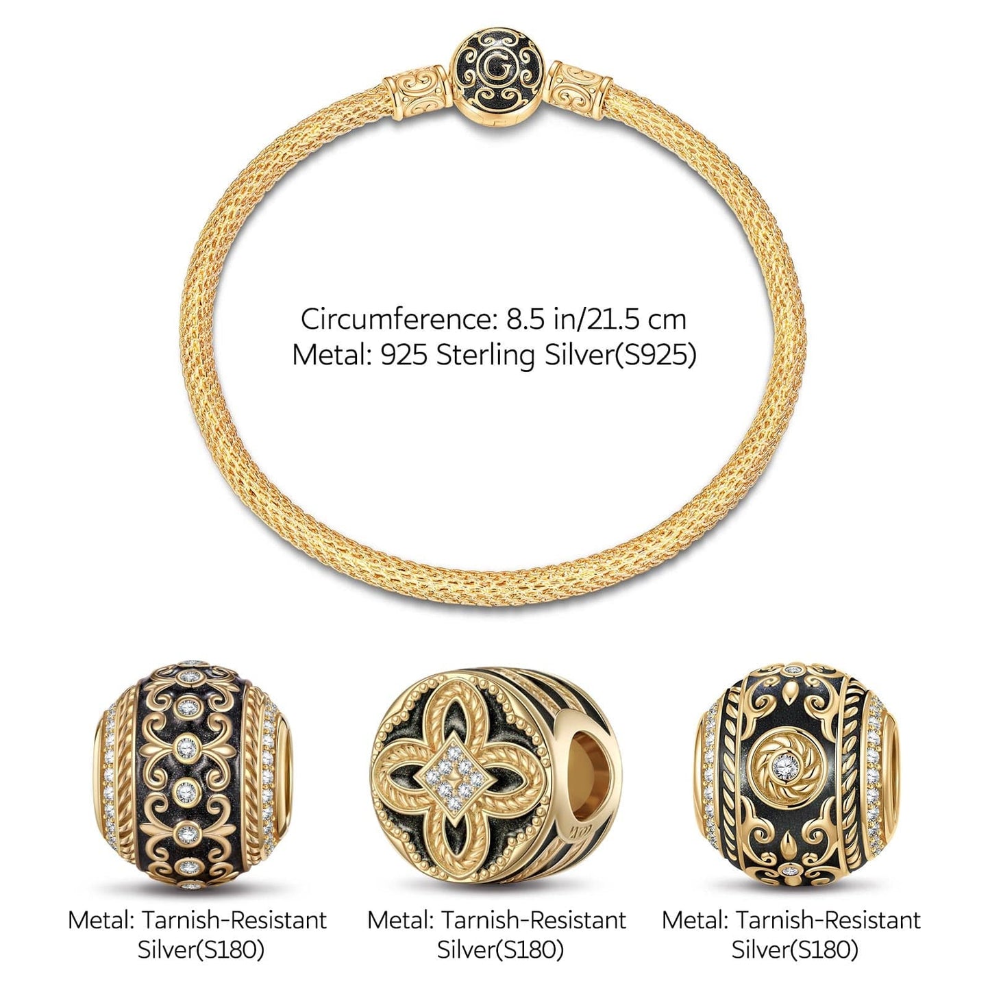 Sterling Silver XL Size Divine Glory Charms Bracelet Set With Enamel In 14K Gold Plated For Men (Includes bracelet and all charms shown)