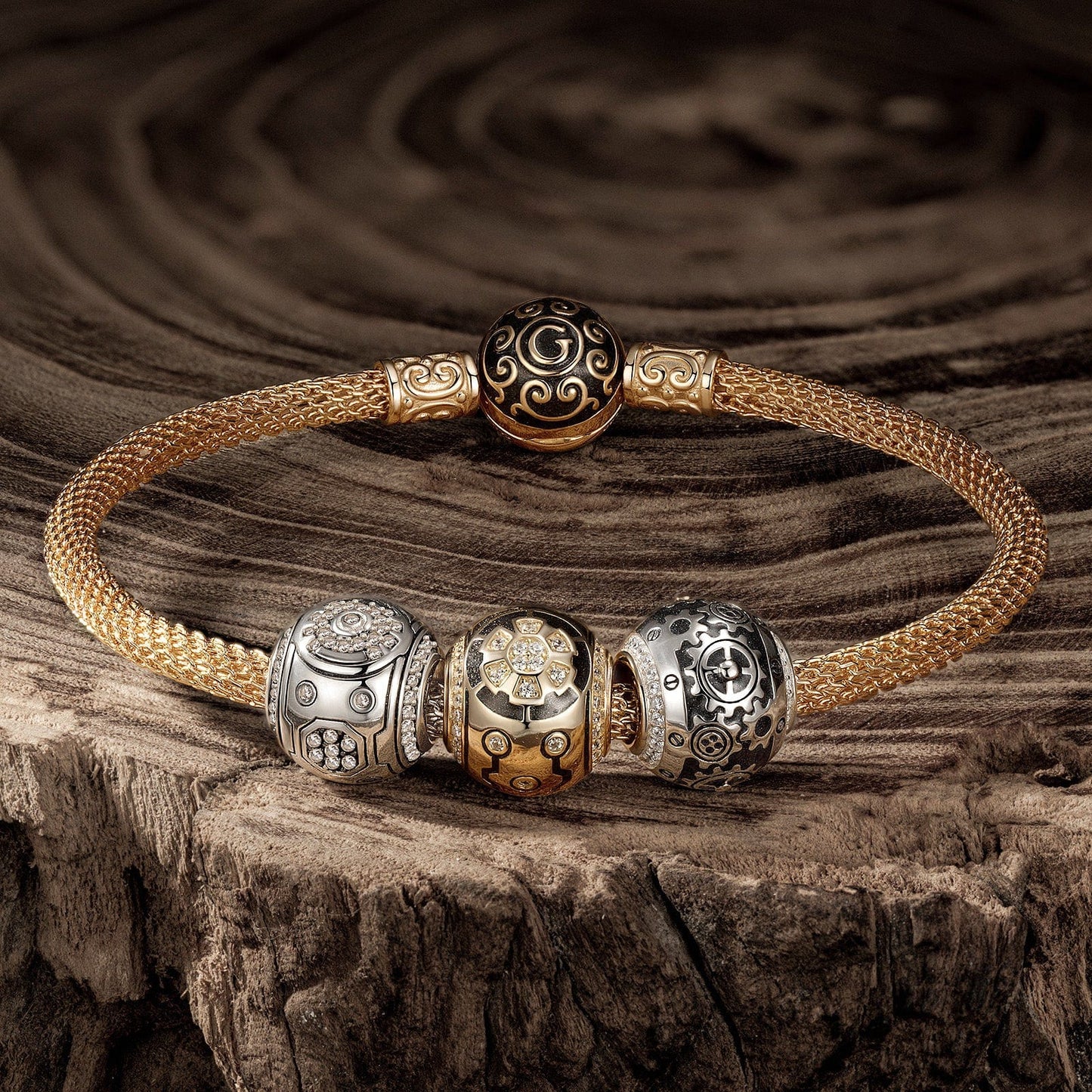 Sterling Silver XL Size Mecha Charms Bracelet Set With Enamel In 14K Gold Plated For Men (Includes bracelet and all charms shown)