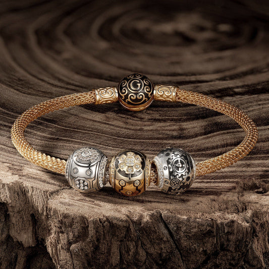 gona- Sterling Silver XL Size Mecha Charms Bracelet Set With Enamel In 14K Gold Plated For Men (Includes bracelet and all charms shown)