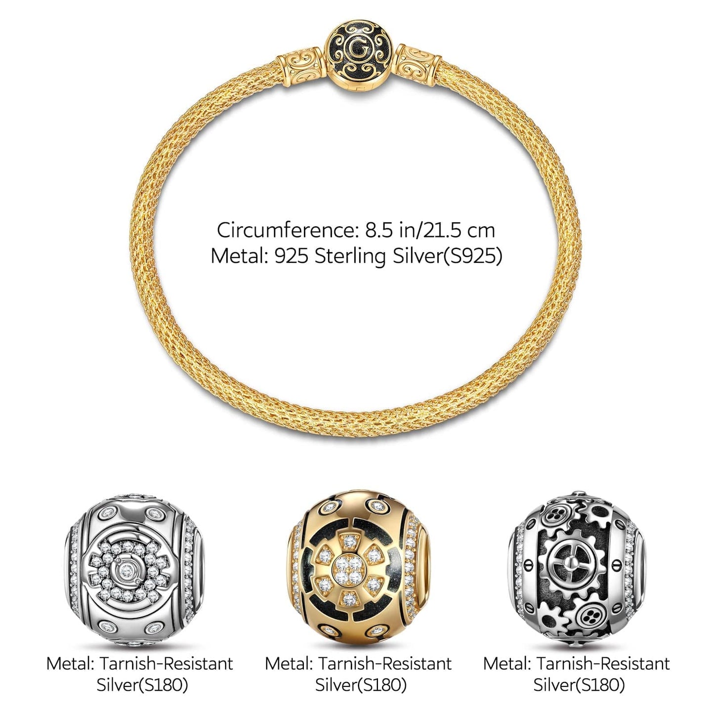 Sterling Silver XL Size Mecha Charms Bracelet Set With Enamel In 14K Gold Plated For Men (Includes bracelet and all charms shown)