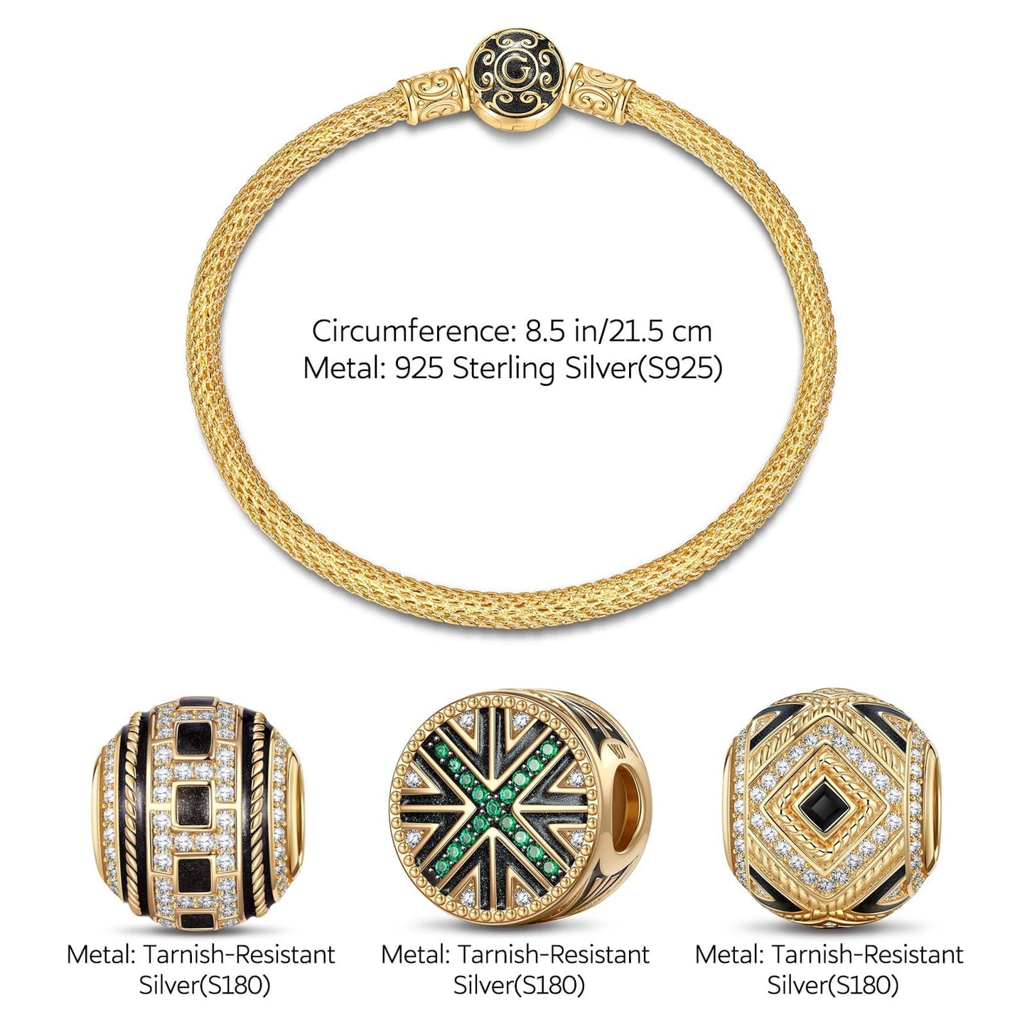 Sterling Silver XL Size Charge Up Charms Bracelet Set With Enamel In 14K Gold Plated For Men (Includes bracelet and all charms shown)