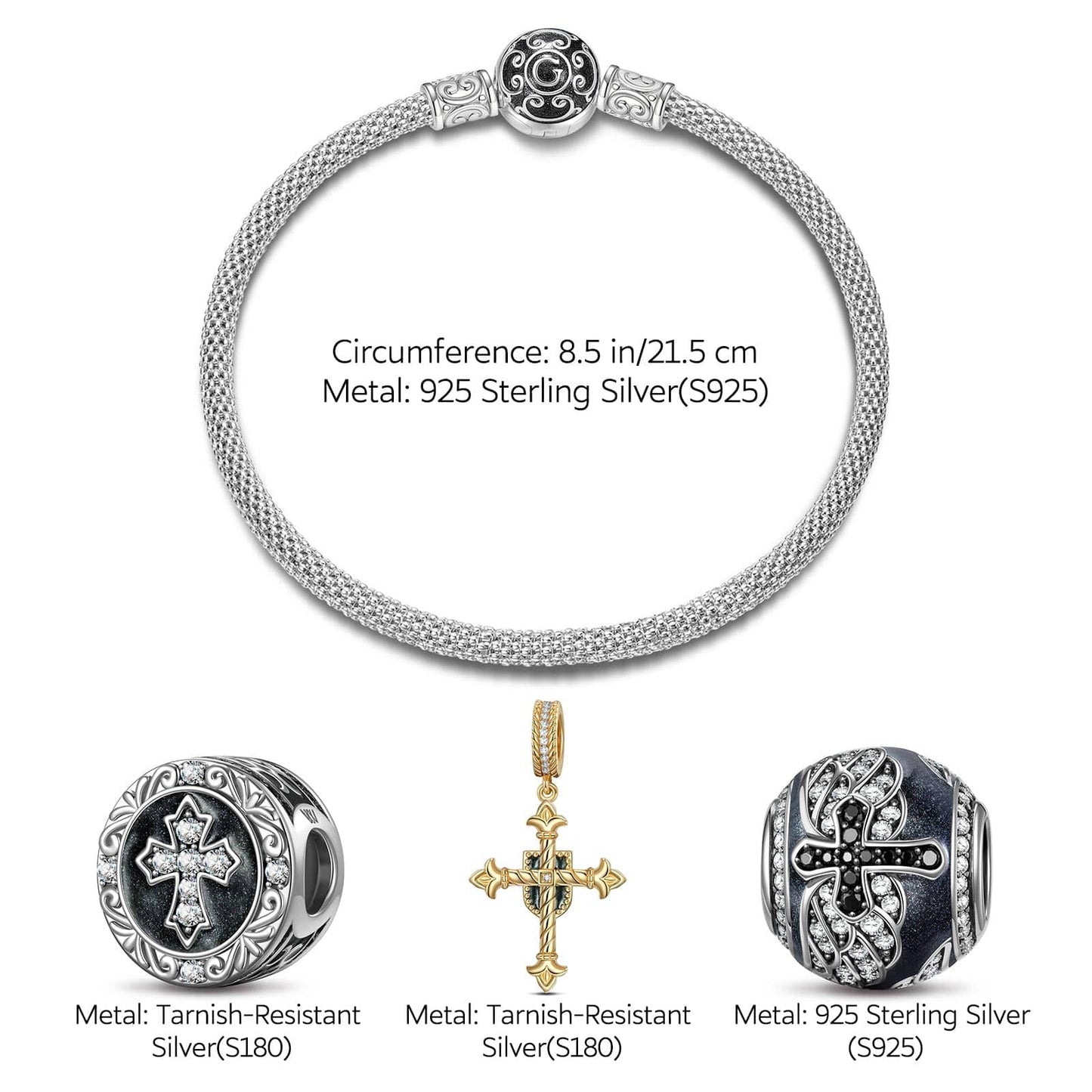 Sterling Silver XL Size The Eyes of God Charms Bracelet Set With Enamel In White Gold Plated For Men (Includes bracelet and all charms shown)
