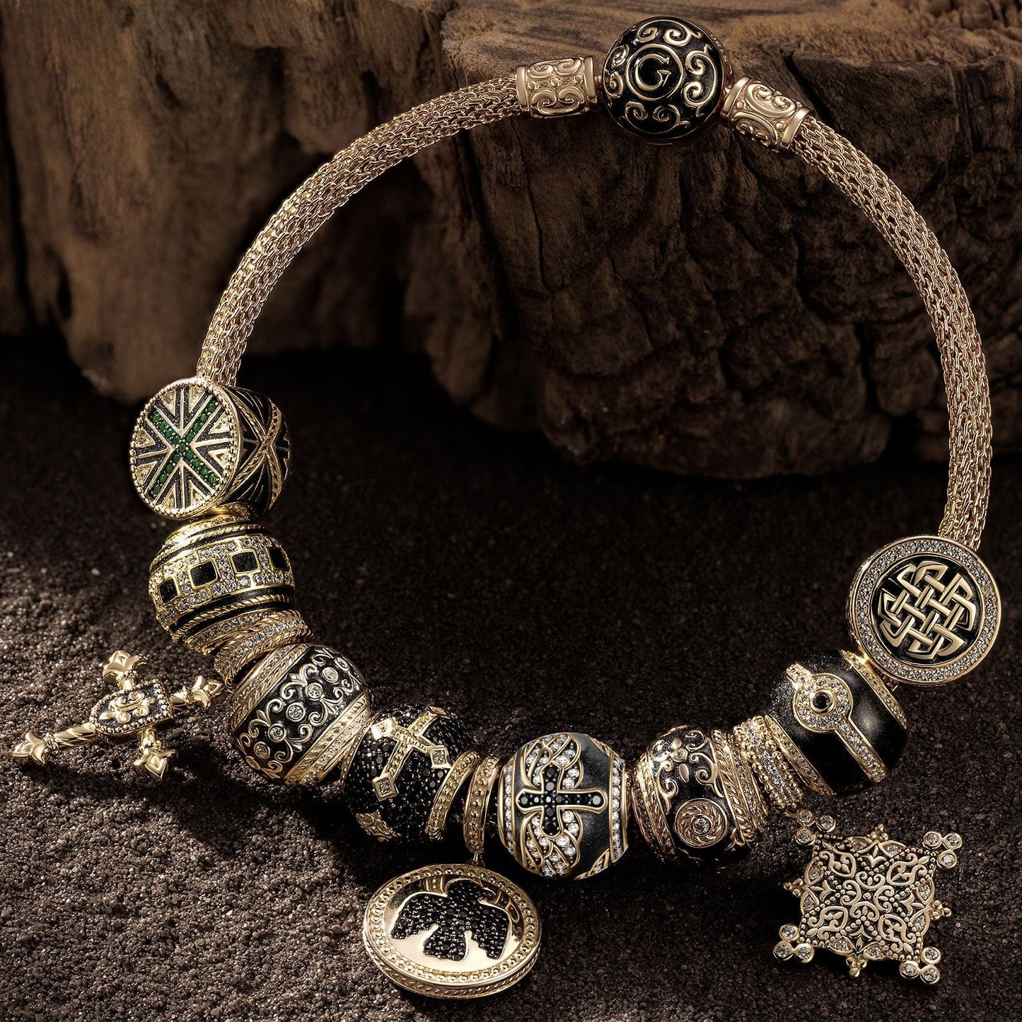 Sterling Silver XL Size Byzantine Court Charms Bracelet Set With Enamel In 14K Gold Plated For Men (Includes bracelet and all charms shown)