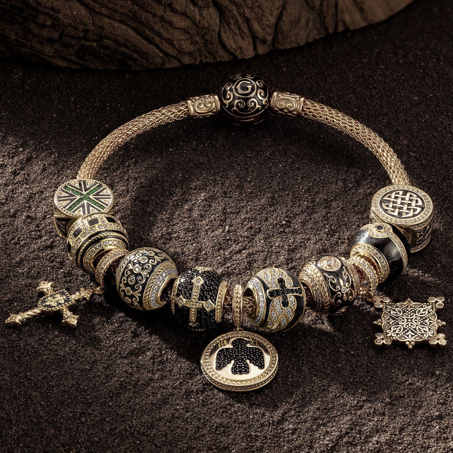 Sterling Silver XL Size Byzantine Court Charms Bracelet Set With Enamel In 14K Gold Plated For Men (Includes bracelet and all charms shown)