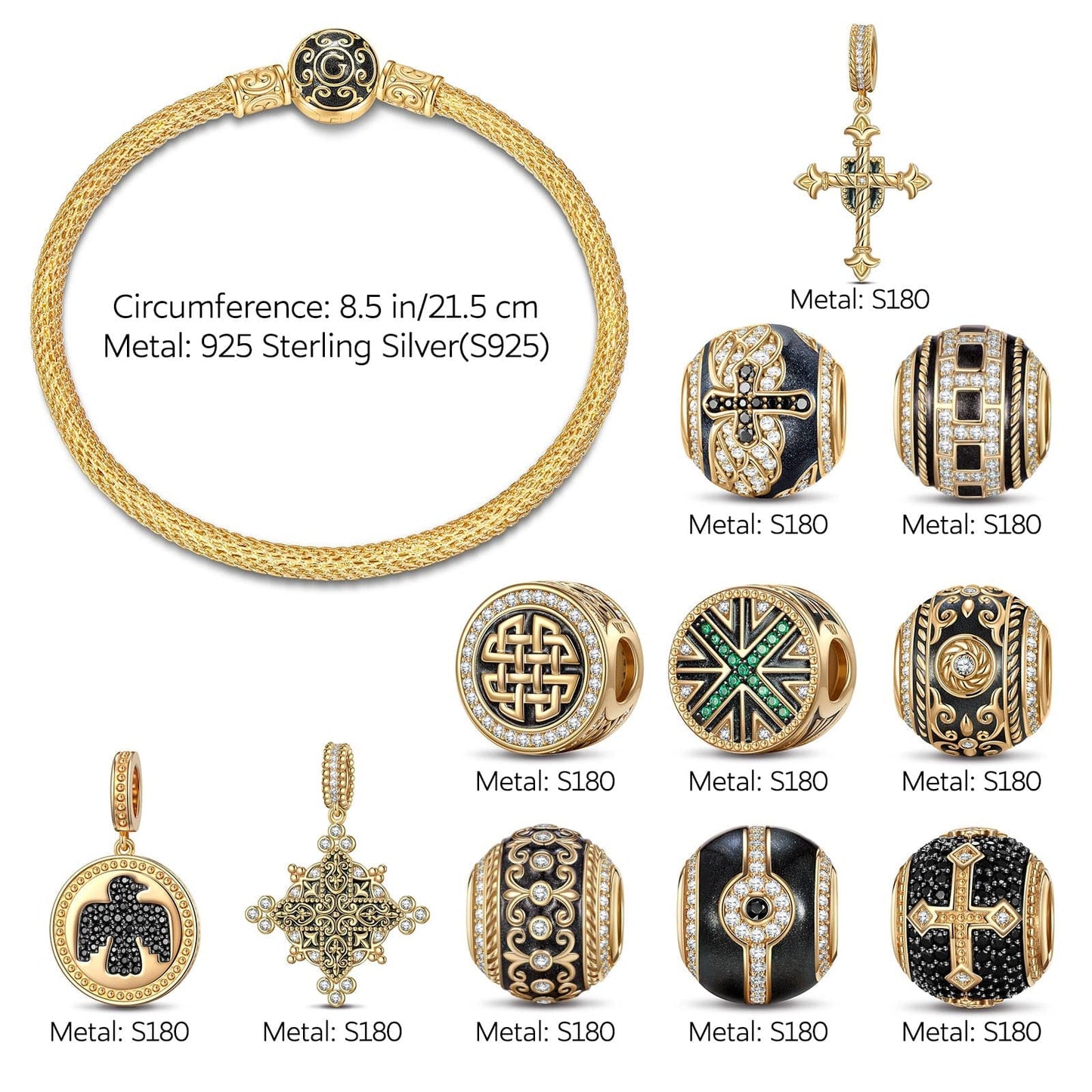 Sterling Silver XL Size Byzantine Court Charms Bracelet Set With Enamel In 14K Gold Plated For Men (Includes bracelet and all charms shown)