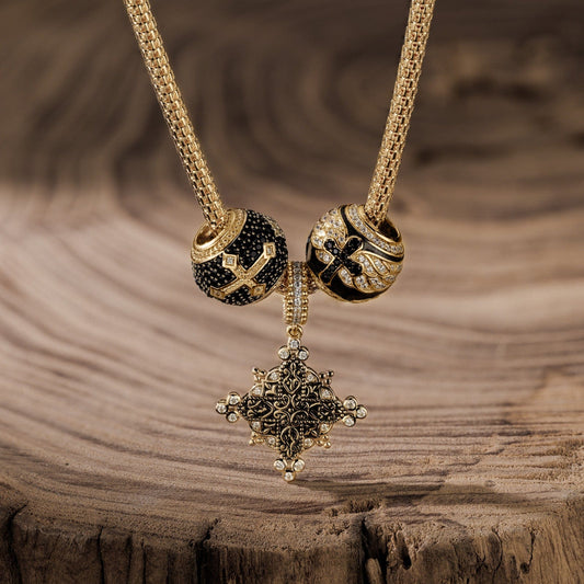 gona- Sterling Silver The Dark Vatican XL Size Charms Necklace Set With Enamel In 14K Gold Plated For Men