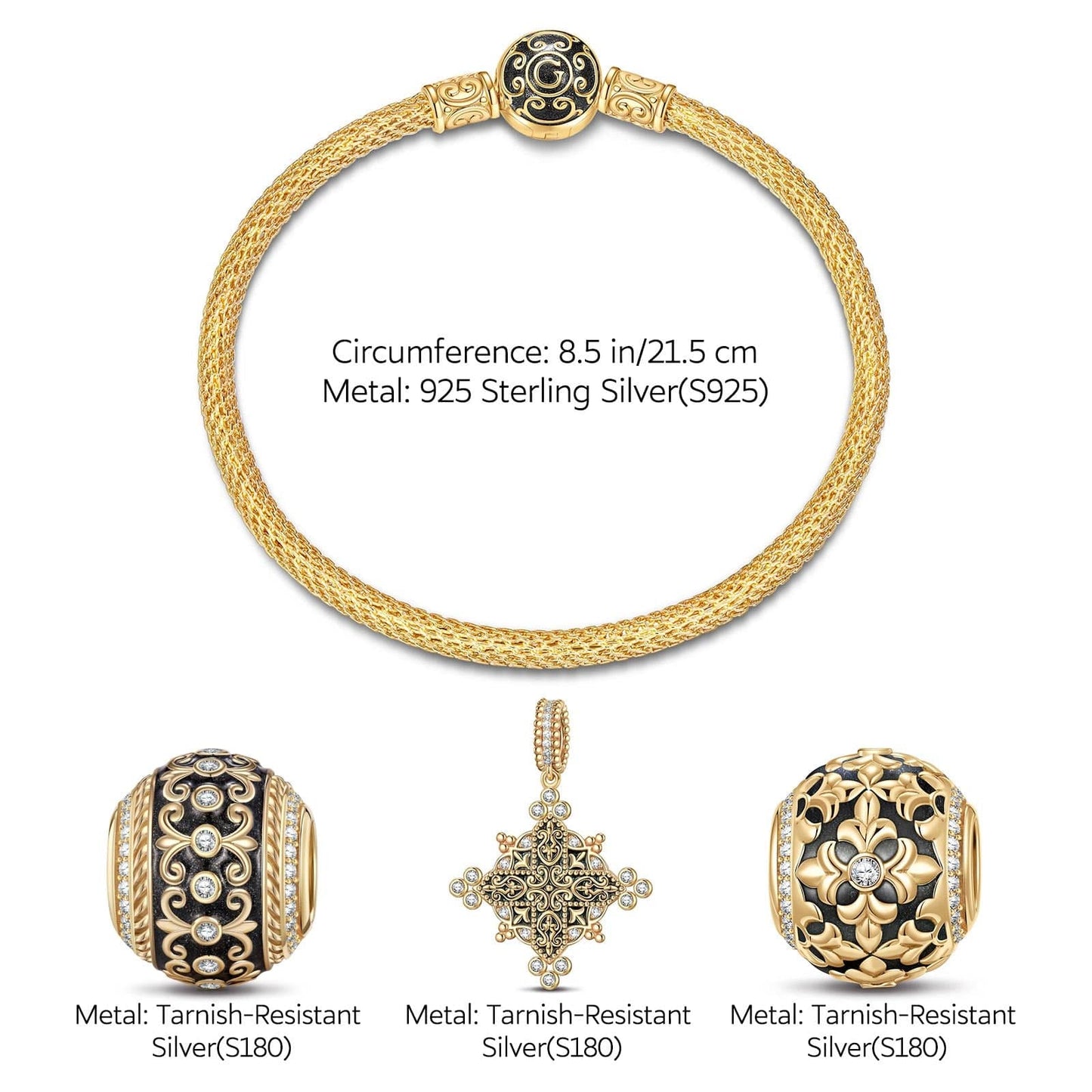 Sterling Silver XL Size Light of Glory Charms Bracelet Set With Enamel In 14K Gold Plated For Men (Includes bracelet and all charms shown)